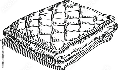 Folded quilt blanket with stitched square pattern, cozy and warm bedding illustration