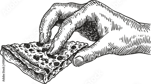 Hand holding a slice of pizza with toppings, sketch drawing in black and white