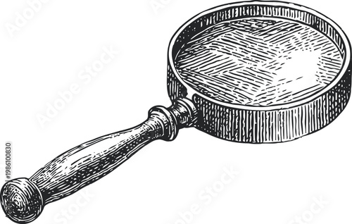Vintage magnifying glass illustration with wooden handle and round lens detailed line drawing
