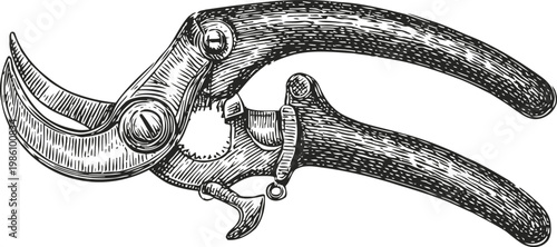 Vintage hand drawn garden pruning shears engraved illustration with curved blades and wooden handles