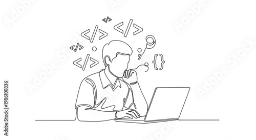 Continuous Line Art Programmer Laptop Coding Software Development Minimal Illustration