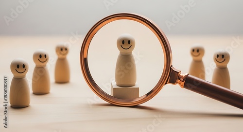 Smiling wooden figure under magnifying glass stands out from other similar figures