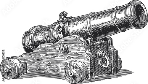 Antique cannon on wooden carriage detailed vintage engraving, historical weapon artillery design