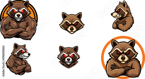 Aggressive raccoon mascot collection, muscular raccoon character set with red eyes, 6 esports animal vector illustrations for gaming logos
