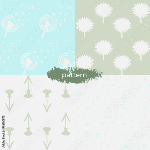 Set of 4 minimalist botanical seamless patterns with dandelions