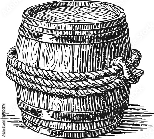 Wooden barrel with rope around it vintage hand drawn rustic oak keg container for storage or shipping illustration