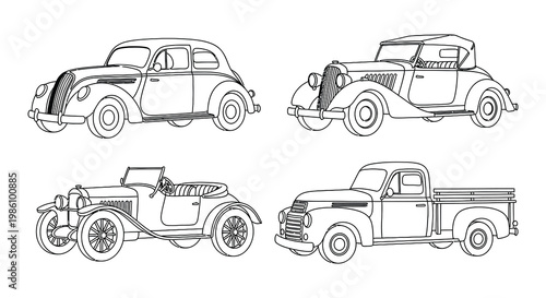 Line drawing of four vintage automobiles sports car sedan and truck