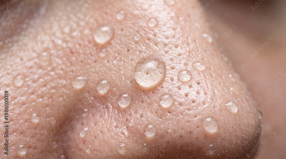 Fototapeta premium Close up skin water droplet pore texture oily nose human face macro detail moisture natural complexion healthy freshness hydration realistic