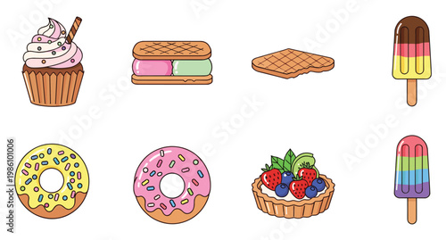 Sweet dessert icons set with cupcake donuts and fruit tart for vector illustration pastry designs