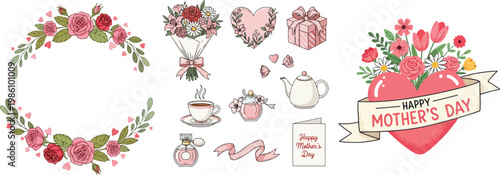 Mother's Day Floral Elements Set with Heart Bouquet and Tea Time Illustrations