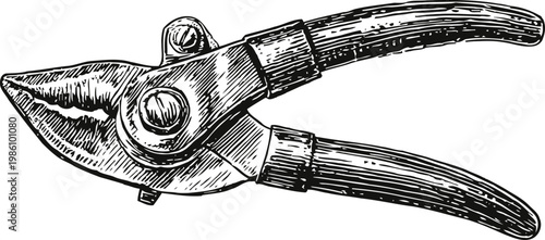 Vintage hand drawn pruning shears illustration gardening tool with sharp blades and wooden handles black and white sketch