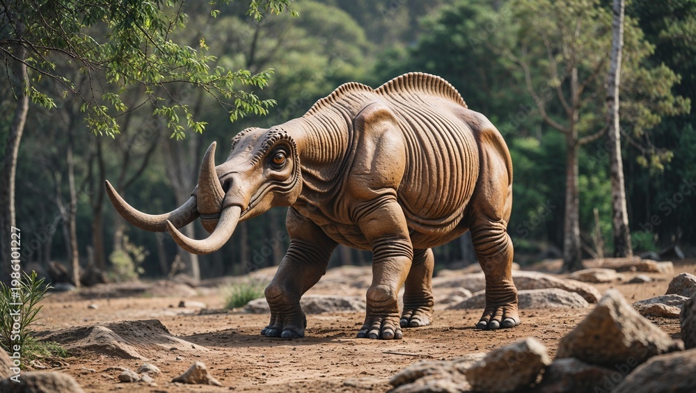Fototapeta premium Prehistoric fantasy monster rhinoceros creature standing in wild forest full length