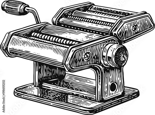 Vintage manual pasta maker with crank handle for dough rolling and cutting, detailed engraved illustration
