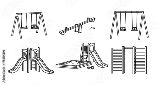 Line drawing of a playground with swings slides and other equipment
