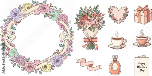 Hand Drawn Mother's Day Floral Elements Set with Wreath, Bouquet, Gift, and Tea Cups for Greeting Cards and Invitations