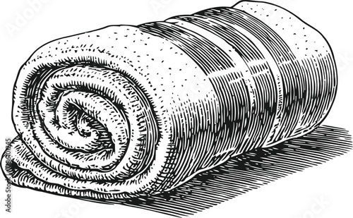 Rolled towel illustration detailed black and white sketch of soft fabric towel, hygiene and cleanliness concept