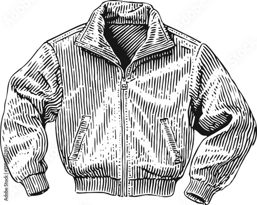 vintage hand drawn jacket with zipper and pockets, detailed line art illustration of casual outerwear