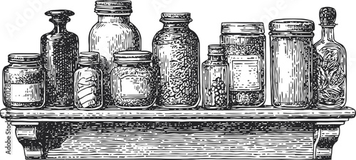 collection of vintage apothecary jars and bottles on wooden shelf hand drawn old medicine containers