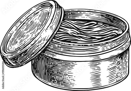 Open container with shaving cream foam vintage black and white hand drawn grooming product illustration