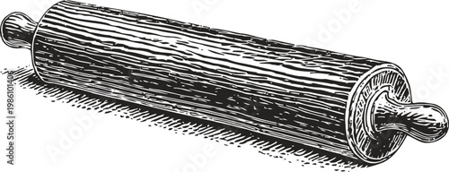 Vintage wooden rolling pin hand drawn kitchen tool for dough flattening and baking preparation