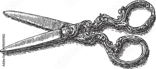 Vintage ornate scissors with intricate decorative handles engraved detailed drawing