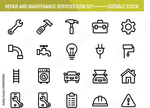 A set of repair and maintenance service icons in a grid layout Vector