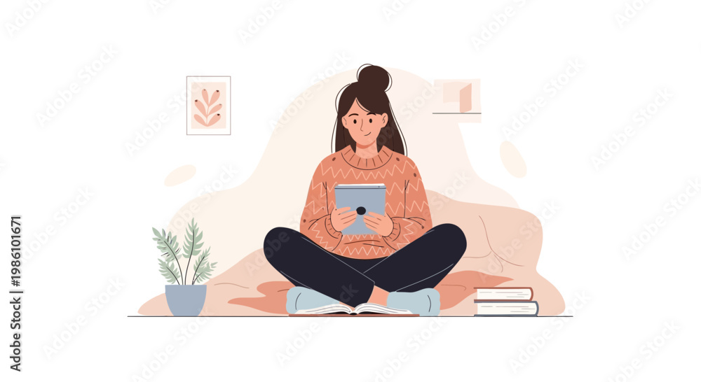 Fototapeta premium Woman in Comfy Sweater Reading E-book on Tablet, Minimal Workspace, Gentle Inviting Colors
