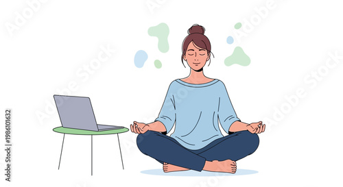 Woman Practicing Mindful Breathing Break from Laptop, Serene Expression, Calming Colors