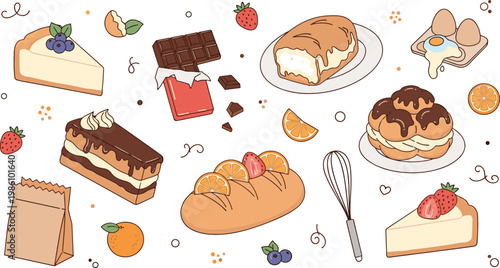 Assorted Desserts with Cakes, Chocolates, Strawberries, and Pastries for Baking, Sweet Treats, and Dessert Lovers Illustration