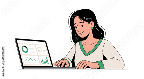 Freelance Woman Checking Income Dashboard on Laptop, Satisfied Expression, Neutral Green Hues