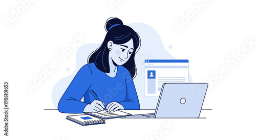 Woman Participating in Online Course, Diligently Taking Notes with Focused Relaxed Posture