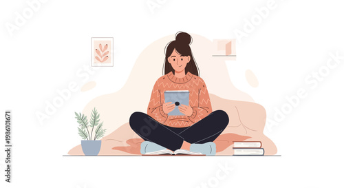 Woman in Comfy Sweater Reading E-book on Tablet, Minimal Workspace, Gentle Inviting Colors