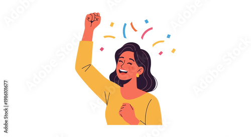 Woman Celebrating Successful Project with Confetti, Bright Smile, Joyful Warm Colors
