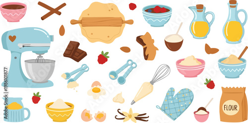 Baking ingredients and kitchen tools vector set, flat pastry making equipment collection, colorful cooking icons for recipes and culinary blogs