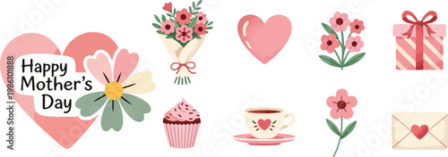 Happy Mother's Day Greeting Elements Set with Pink Hearts, Flowers, Cupcake, Gift Box, and Tea Cup Illustrations on White Background