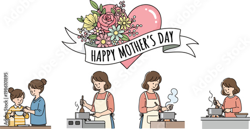 Happy Mother’s Day Illustration Set with Mother and Daughter Cooking Together and Woman Preparing Food in Kitchen