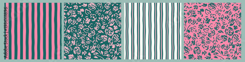 Seamless pattern with hand drawn cute flowers. Long green, pink, white stripes.  Naive, simple art design. Endless spring, summer botanical vector illustration. Cottagecore, country vintage style. 