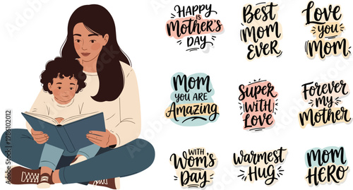 Mother Reading Book to Child with Happy Mother's Day Lettering Quotes Collection
