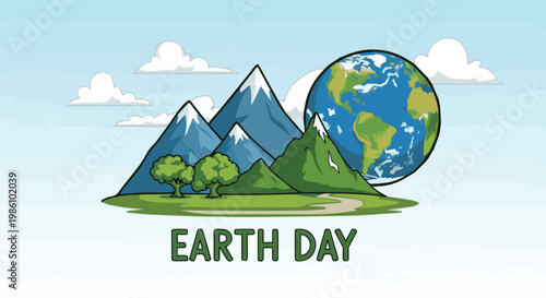 Earth Day Celebration Graphic with Globe and Mountains, Flat Vector Illustration of Planet Earth for Environmental Awareness and Sustainability Banner