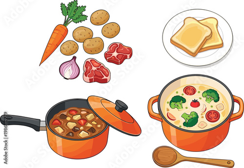 Vegetable Soup and Stew Ingredients in a Pot with Carrots, Potatoes, Beef, Garlic, Broccoli, and Toast for Healthy Meal Preparation