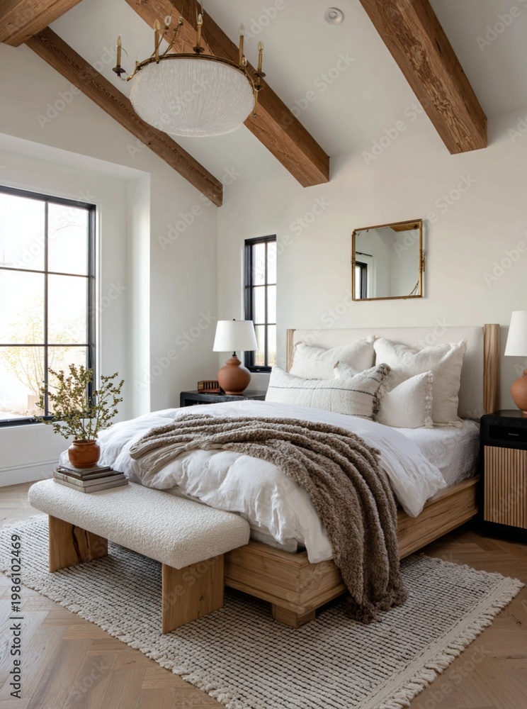 Fototapeta premium Bright Airy Transitional Luxury Master Bedroom with Oak Wood Details, Textured Decor, and Soft Natural Light Streaming Through Large Black Framed Windows