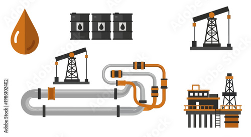 Oil Industry Icons Set Crude Extraction Transportation and Refinery Equipment