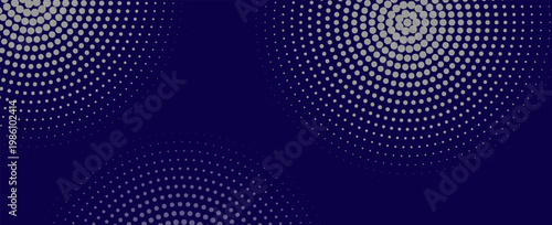 A graphic design featuring white dotted circular patterns on a dark blue background