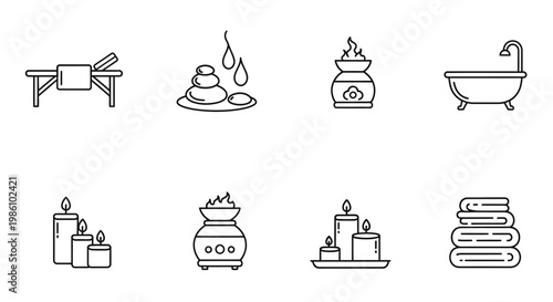 Spa and Wellness Icons Set Massage Stones Candles Aromatherapy Bath Towels Bathtub