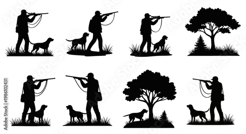 Hunter Silhouette with Dog and Trees Outdoor Scene