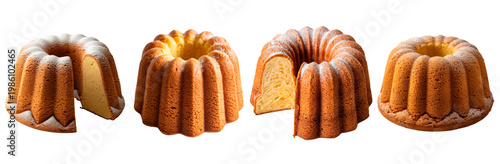 Collection of sponge bundt cakes with cut pieces, sweet bakery dessert isolated
