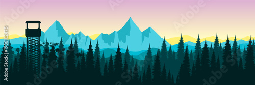 Modern Vector Landscape Silhouette with Violet Gradient Sky and Copy Space for Web Design