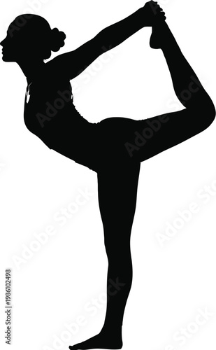 Silhouette of a woman performing a graceful yoga pose dancer's pose natarajasana symbolizing balance flexibility and spiritual harmony isolated on a clean white background