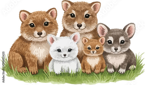 Adorable group of diverse fox cubs and a white rabbit showcasing playful innocence and natural beauty sitting together on lush green grass rendered in a charming watercolor