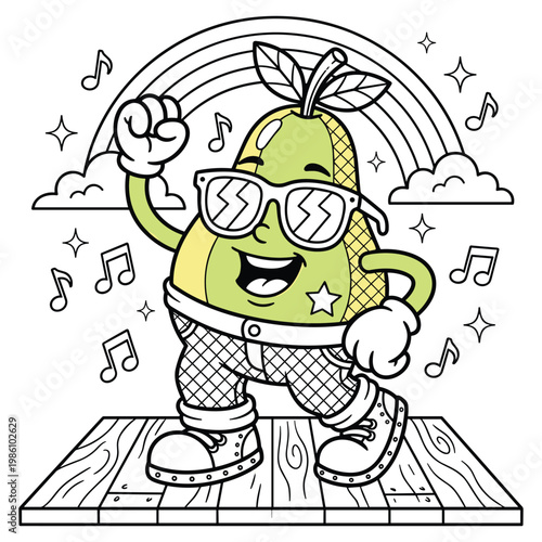 Happy dancing pear fruit character in sunglasses on a stage with a rainbow background.